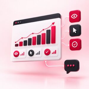Illustration of a marketing dashboard tracking impressions, clicks and conversions