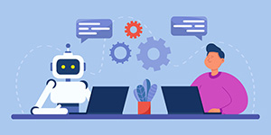 Man and AI robot with computers